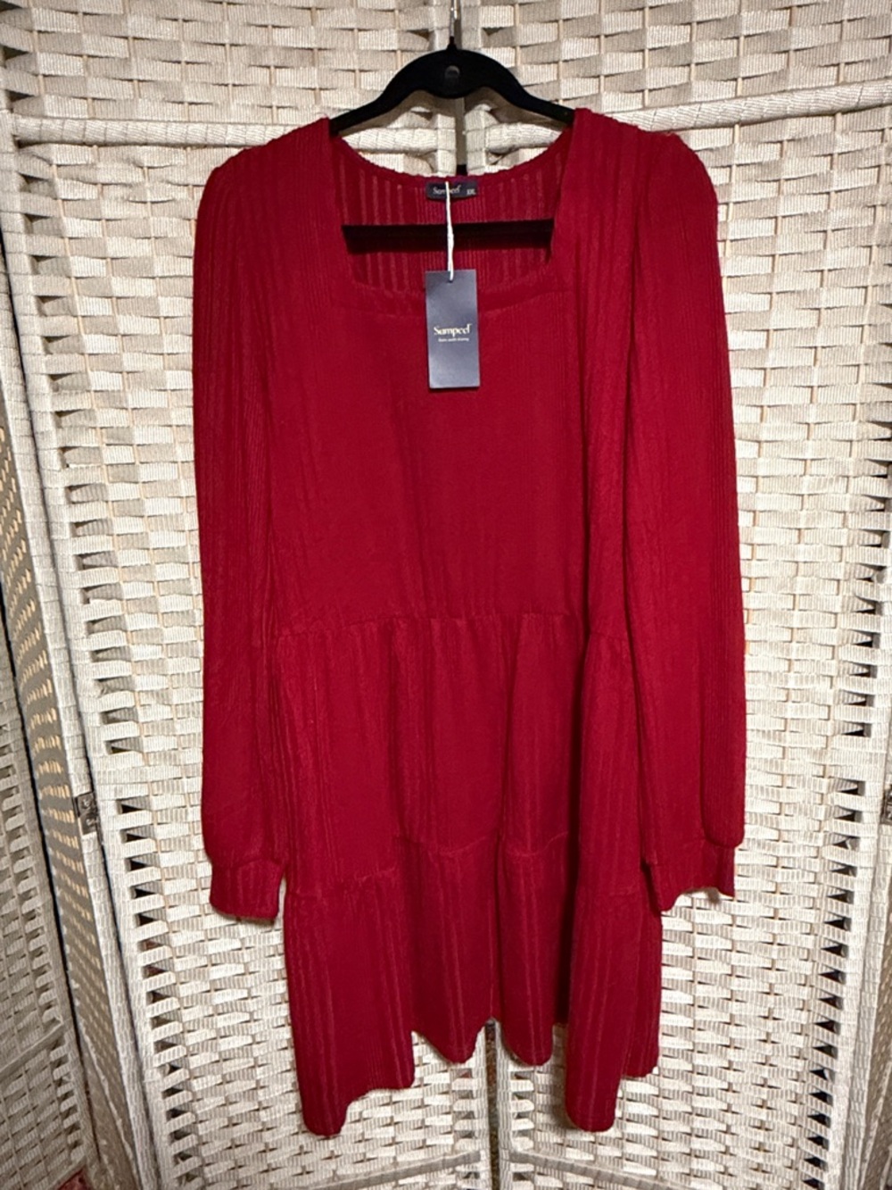 Sampeel Red Long Sleeve Tiered Sweater Dress